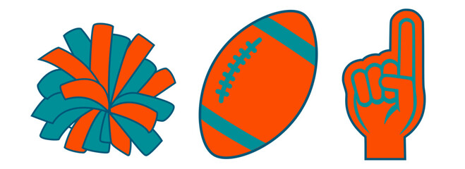Cheerleading Vector Set. Foam finger , a Football and a Cheerleader Pom-pom. © prettygfx