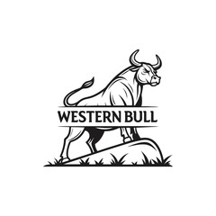 Powerful Western bull standing on rock, black and white logo illustration