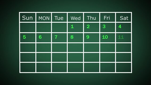4k video animation. The calendar 1th day of the month is red circled ,Calendar interface with highlighted dates and event icons, looped animation.