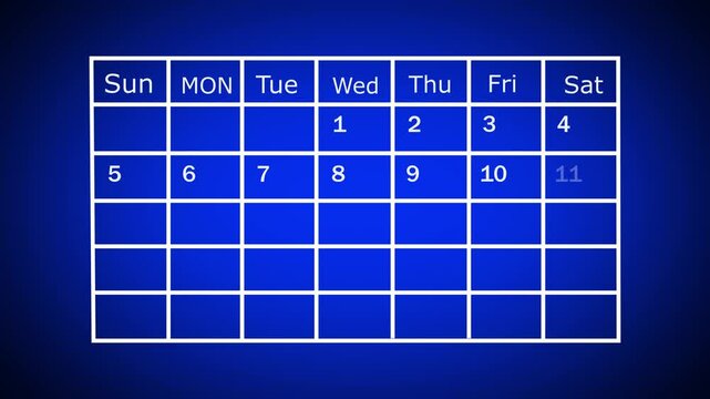 4k video animation. The calendar 1th day of the month is red circled ,Calendar interface with highlighted dates and event icons, looped animation.