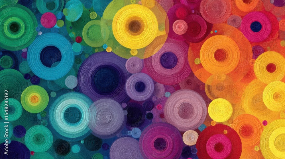 Poster this artwork features an array of colorful circles overlapping in vibrant shades, creating a lively 