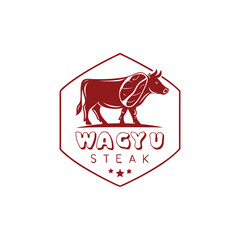 Wagyu Steak Logo: Red Cow Silhouette with Steak Graphic in Hexagon