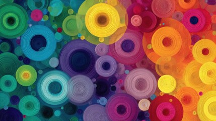 This artwork features an array of colorful circles overlapping in vibrant shades, creating a lively and engaging abstract design that captivates attention and evokes emotion.