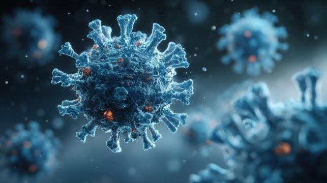 A detailed microscopic view reveals the complex structure of a virus, highlighting its spikes and surface features in a study conducted in a laboratory setting.