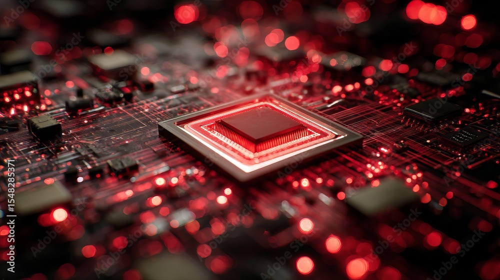 Poster Red Illuminated Central Processing Unit CPU Microchip Technology High Tech Digital Circuit Board Electronic Hardware Modern Computer Innovation Powerful Processor        
