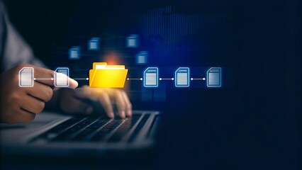 Conceptual image representing a digital data management system, network, or cloud computing service, with holographic documents and a folder displayed above a hand. document