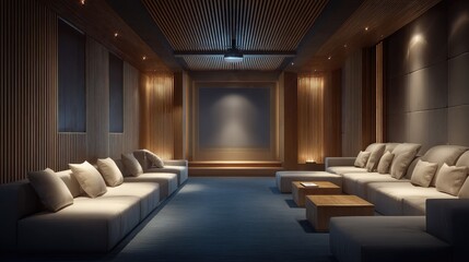Room with projector mounted above facing a smooth projection screen on the wall