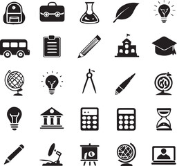 Education icons set with school-related symbols in black vector style for web and design use