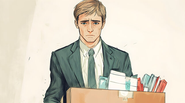 dibujo de un hombre de una persona triste y preocupada por el desempleo o despido de su trabajo en la empresa con una caja de cosas de oficina personales con espacio de copia 
