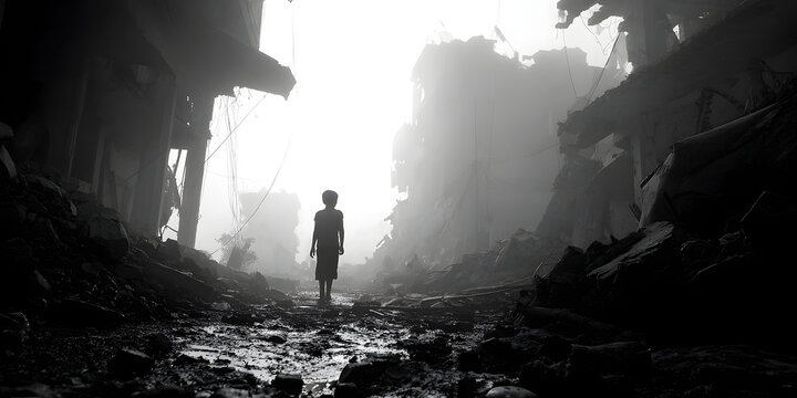 A silhouette of an orphaned child can be seen wandering the streets of his city after a massive bombing and war. The little victim is looking for his family.