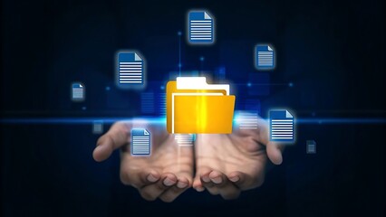 Conceptual image representing a digital data management system, network, or cloud computing service, with holographic documents and a folder displayed above a hand. document