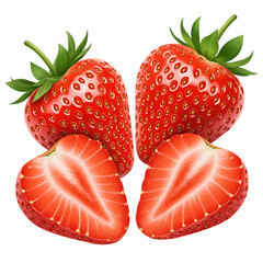 Realistic depiction of fresh ripe strawberries whole and sliced against a solid black background
