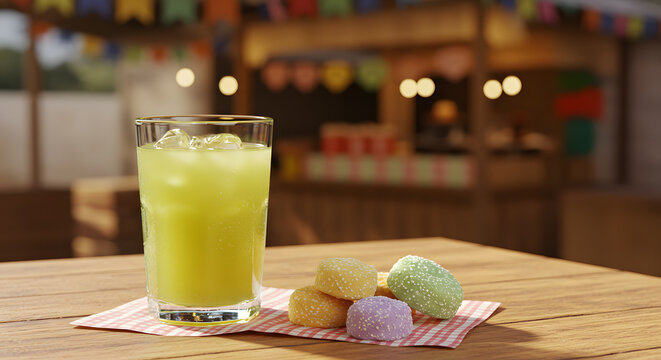 Refreshing Limeade with Colorful Sugar-Coated Candies on a Wooden Table 