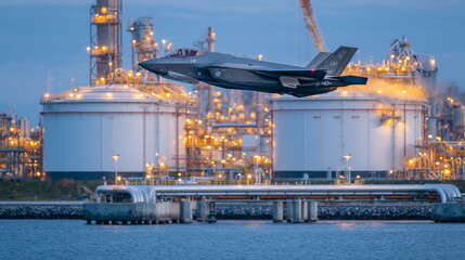 F-35 flies high over an LNG terminal at dusk, its silhouette reflected in massive liquid gas storage domes and metallic pipelines