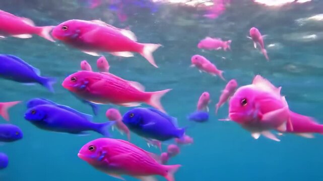 Vibrant underwater scene featuring a school of vividly colored fish, pink and blue, swimming in a clear turquoise ocean. A mesmerizing display of marine life
