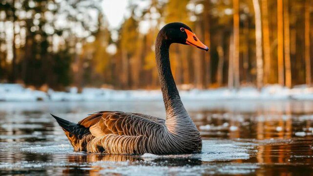 Elegant Black Swan Gliding Through Icy Water, Forest Backdrop