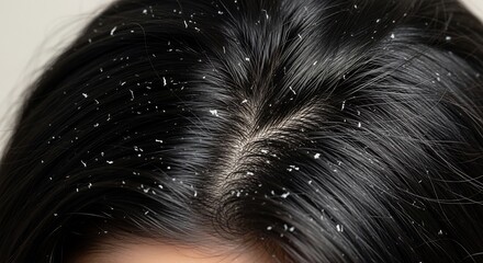 Close-up shot showing dark hair with visible flakes of dandruff on the scalp and strands, indicating a common dermatological condition