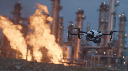 Surveillance drone navigates a maze of refinery pipes, flames bursting from towers as it records thermal signatures