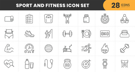  Fitness and sport - thin line editable stroke icon set. outline vector collection. simple web symbols.
