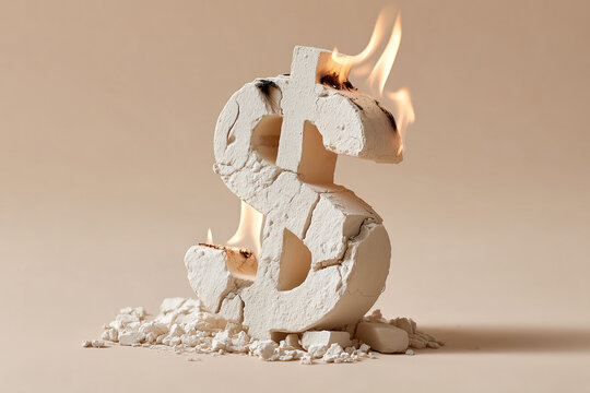 crumbling stone dollar sign on fire
