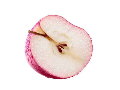 Cross-section of a fresh apple slice with shiny surface  png transparent background