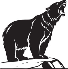 Roaring bear standing on a rock with bold black silhouette style. Perfect for powerful logos, outdoor branding, wildlife conservation designs, and adventure apparel.