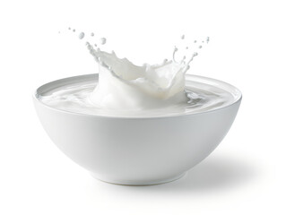 Bowl of milk with an elegant splash in a white porcelain bowl