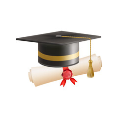 3d diploma scroll with graduate hat. Vintage roll paper