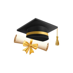 3d diploma scroll with graduate hat. Vintage roll paper