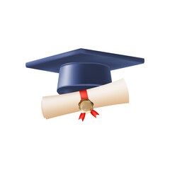 3d diploma scroll with graduate hat. Vintage roll paper