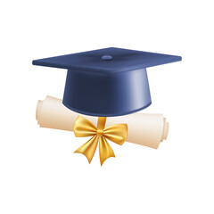 3d diploma scroll with graduate hat. Vintage roll paper