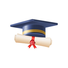 3d diploma scroll with graduate hat. Vintage roll paper