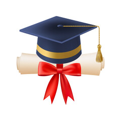 3d diploma scroll with graduate hat. Vintage roll paper