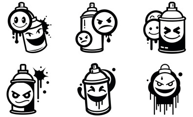 Six Black and White Graffiti Spray Paint Cans with Emojis