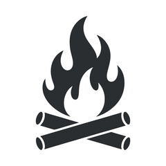 Simple black and white campfire icon with crossed logs and flames