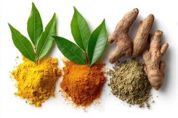 Traditional Ayurvedic spice trio: turmeric, ginger, and ashwagandha root, placed symmetrically with a neem leaf, white background, no shadow