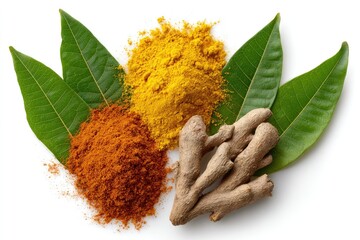 Traditional Ayurvedic spice trio: turmeric, ginger, and ashwagandha root, placed symmetrically with a neem leaf, white background, no shadow