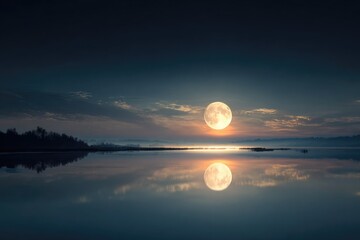 Tranquil full moonrise over still lake reflecting serene night sky and distant shoreline silhouette for calming meditation and wellness content