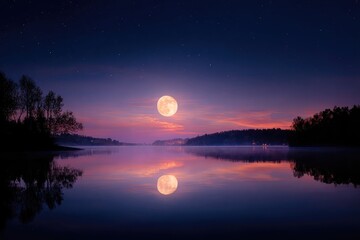 Tranquil full moonrise over still lake reflecting serene night sky and distant shoreline silhouette for calming meditation and wellness content