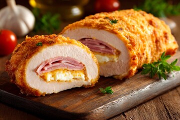 A beautifully presented chicken roll filled with ham and cheese is sliced and placed on a wooden board