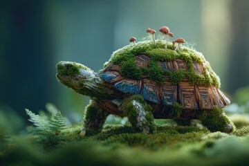 Ultra-realistic turtle with moss-covered shell and wooden pattern, standing on soft green moss in a miniature fantasy forest, cinematic lighting, shallow depth of field