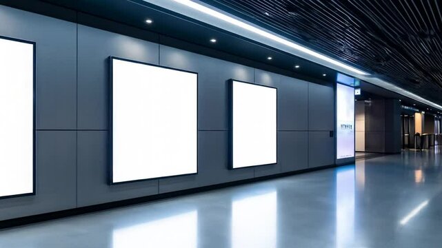 Empty advertising billboards in a modern, gray hallway