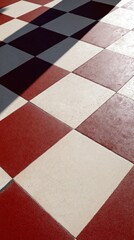Checkered floor tiles red and white pattern