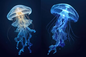 Two Glowing Jellyfish in Dark Blue Ocean Water1