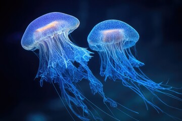 Two Glowing Jellyfish in Dark Blue Ocean Water1