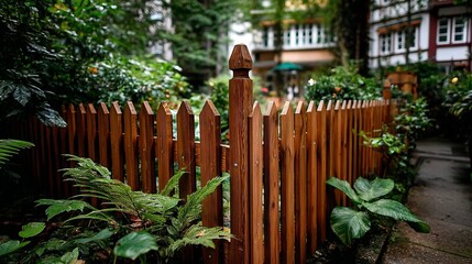 Obraz premium Wooden fence with pointed pickets surrounded by lush green plants in a garden setting