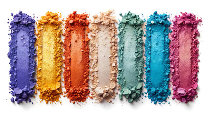 Colorful makeup powder swatches on white background