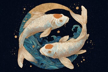 Two White Fish Orbiting a Gold and Blue Crescent Moon with Stars