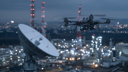 Surveillance drone hovers above an urban tech complex, antennas and satellite dishes glittering under its infrared targeting array