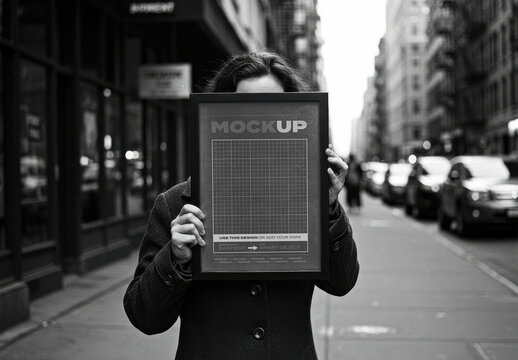 Woman Holding Poster Mockup on Street Old Vintage Style